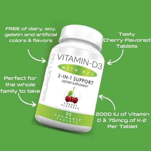 Mauricettes Kautabletten Vitamin D3 mit K2 – 2-in-1 Knochen- & Herzgesundheit – Immunbooster – Natürlicher Kirschgeschmack – 90 Tabletten für Erwachsene & Kinder