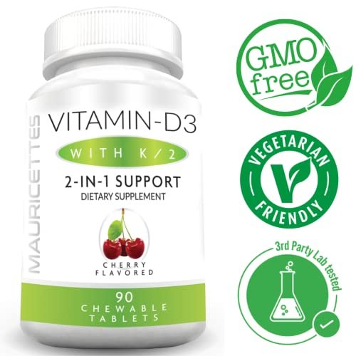 Mauricettes Kautabletten Vitamin D3 mit K2 – 2-in-1 Knochen- & Herzgesundheit – Immunbooster – Natürlicher Kirschgeschmack – 90 Tabletten für Erwachsene & Kinder