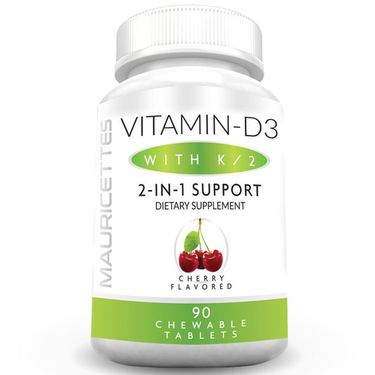 Mauricettes Kautabletten Vitamin D3 mit K2 – 2-in-1 Knochen- & Herzgesundheit – Immunbooster – Natürlicher Kirschgeschmack – 90 Tabletten für Erwachsene & Kinder