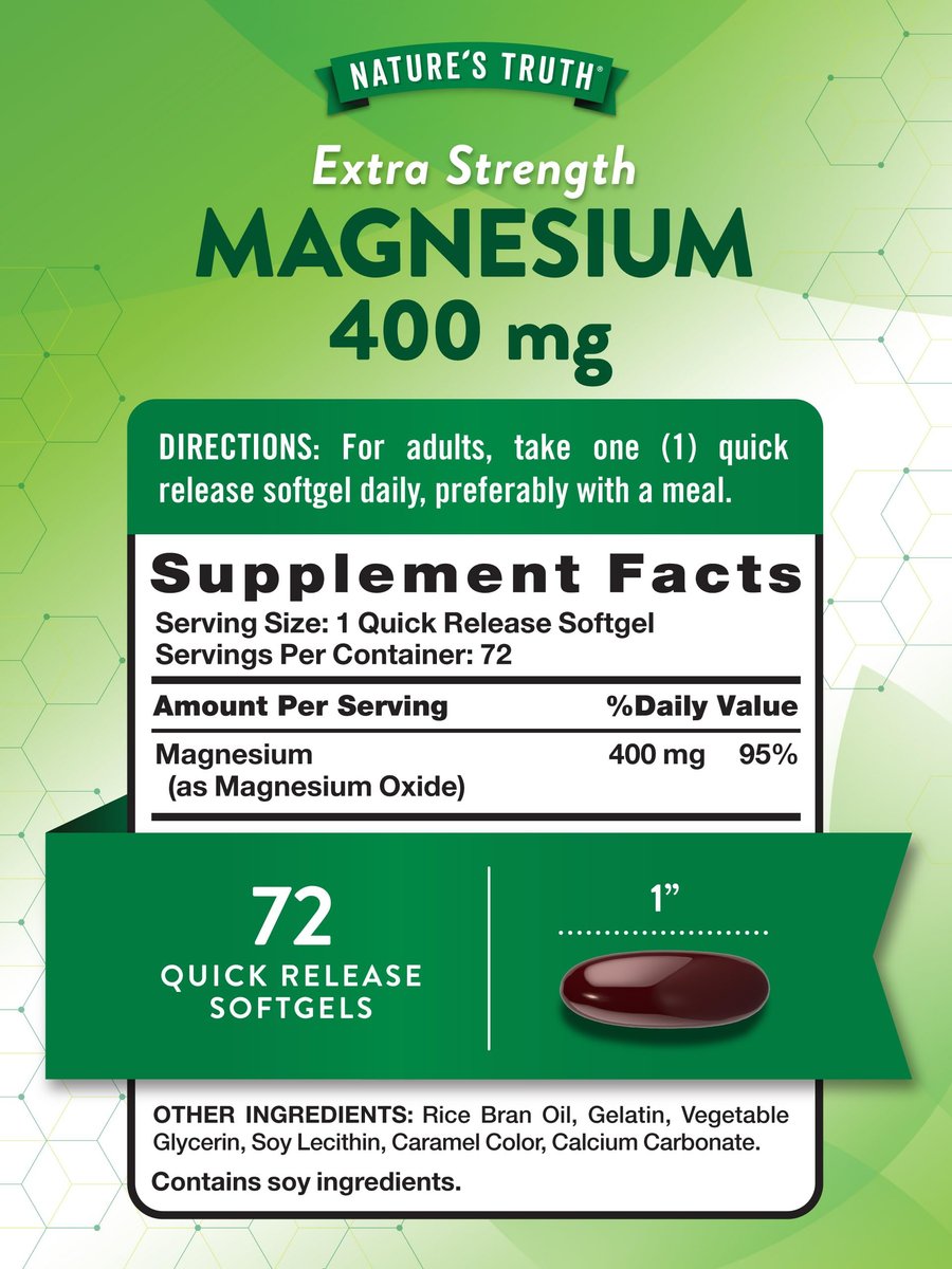 Nature's Truth Magnesium 400 mg | 72 Weichkapseln | Extra Stärke | Magnesiumoxid | Nicht-GMO & Glutenfrei