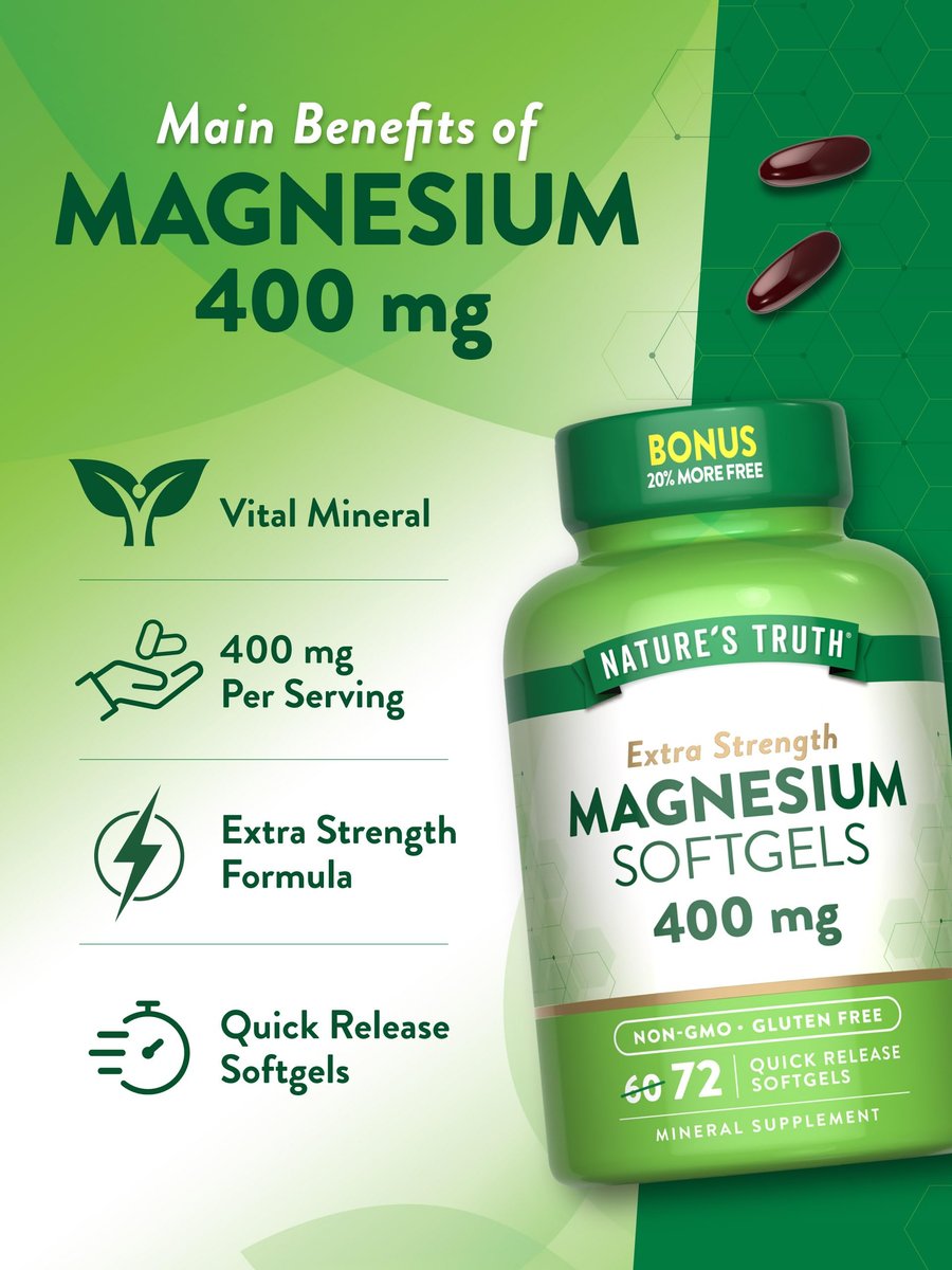 Nature's Truth Magnesium 400 mg | 72 Weichkapseln | Extra Stärke | Magnesiumoxid | Nicht-GMO & Glutenfrei