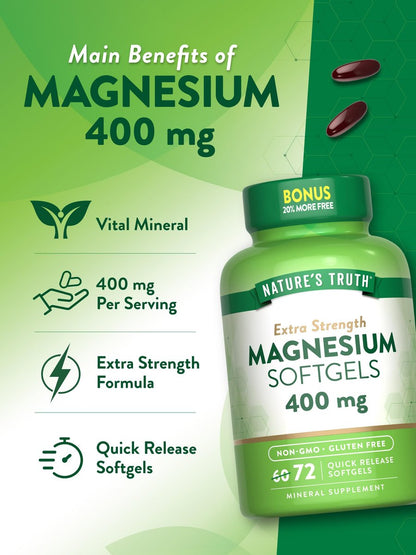 Nature's Truth Magnesium 400 mg | 72 Weichkapseln | Extra Stärke | Magnesiumoxid | Nicht-GMO & Glutenfrei
