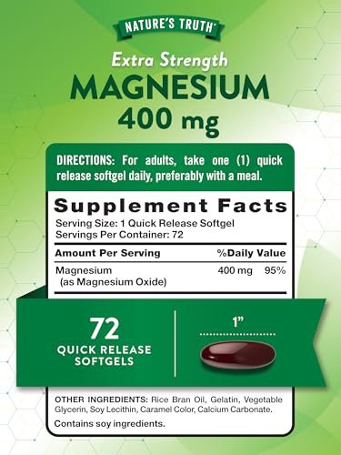 Nature's Truth Magnesium 400 mg | 72 Weichkapseln | Extra Stärke | Magnesiumoxid | Nicht-GMO & Glutenfrei