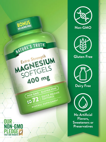 Nature's Truth Magnesium 400 mg | 72 Weichkapseln | Extra Stärke | Magnesiumoxid | Nicht-GMO & Glutenfrei