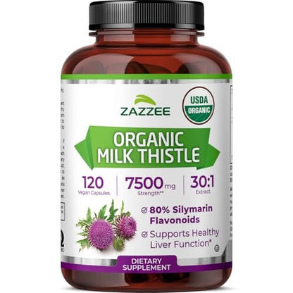 Zazzee Bio-Mariendistel 30:1 Extrakt, 80% Silymarin, 120 vegane Kapseln, 4-Monats-Vorrat, zertifiziert koscher, hochwirksame Leber- & Antioxidans-Unterstützung, Silybum Marianum, Non-GMO, hergestellt in den USA