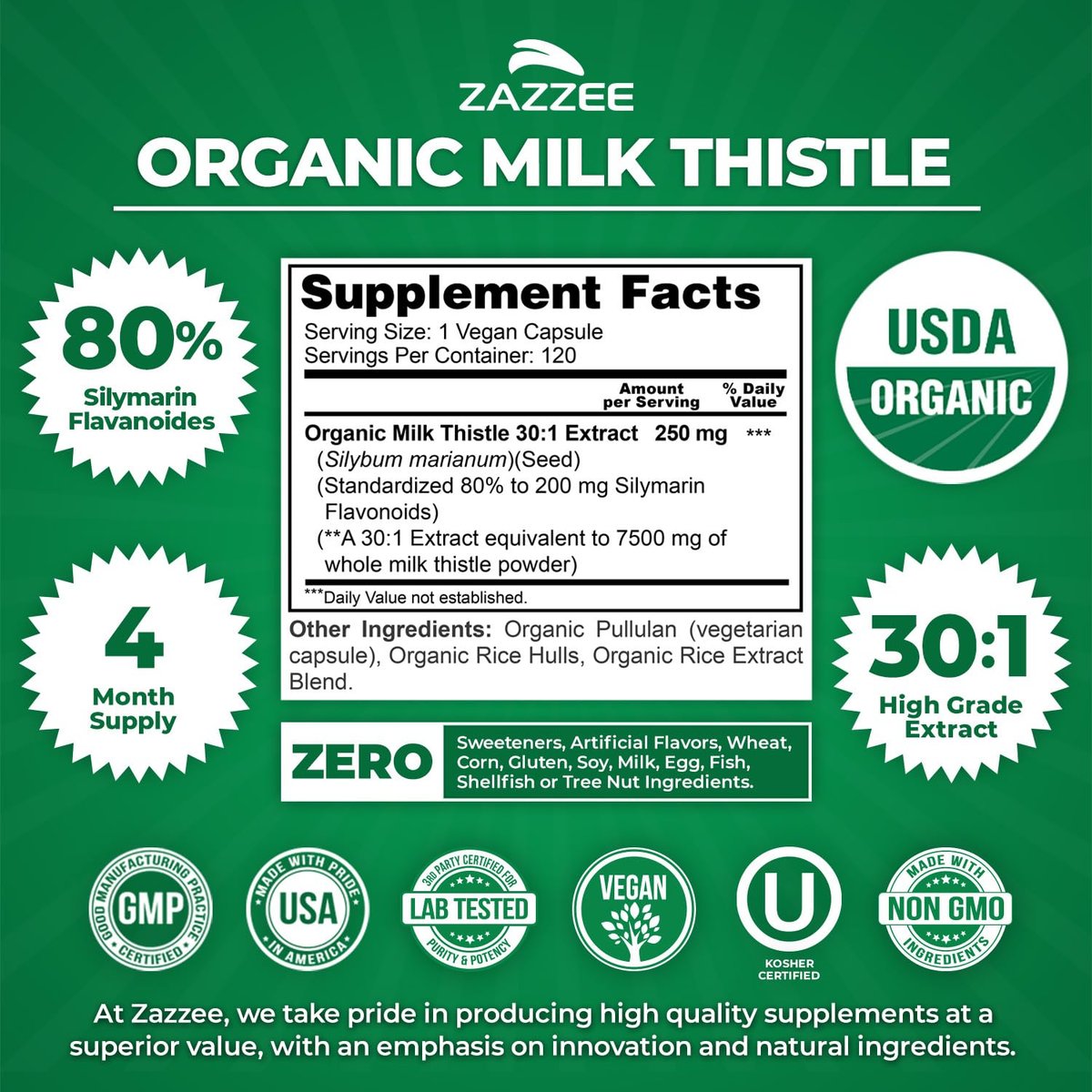 Zazzee Bio-Mariendistel 30:1 Extrakt, 80% Silymarin, 120 vegane Kapseln, 4-Monats-Vorrat, zertifiziert koscher, hochwirksame Leber- & Antioxidans-Unterstützung, Silybum Marianum, Non-GMO, hergestellt in den USA