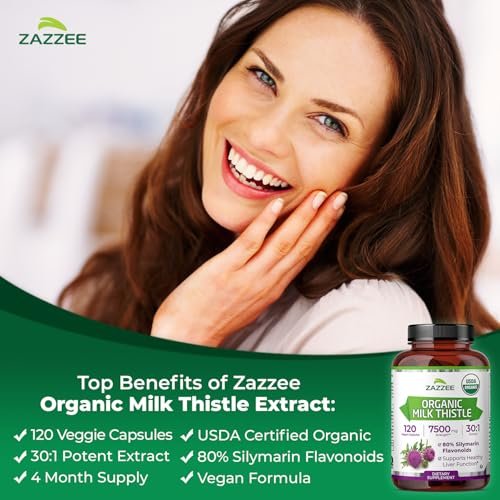 Zazzee Bio-Mariendistel 30:1 Extrakt, 80% Silymarin, 120 vegane Kapseln, 4-Monats-Vorrat, zertifiziert koscher, hochwirksame Leber- & Antioxidans-Unterstützung, Silybum Marianum, Non-GMO, hergestellt in den USA