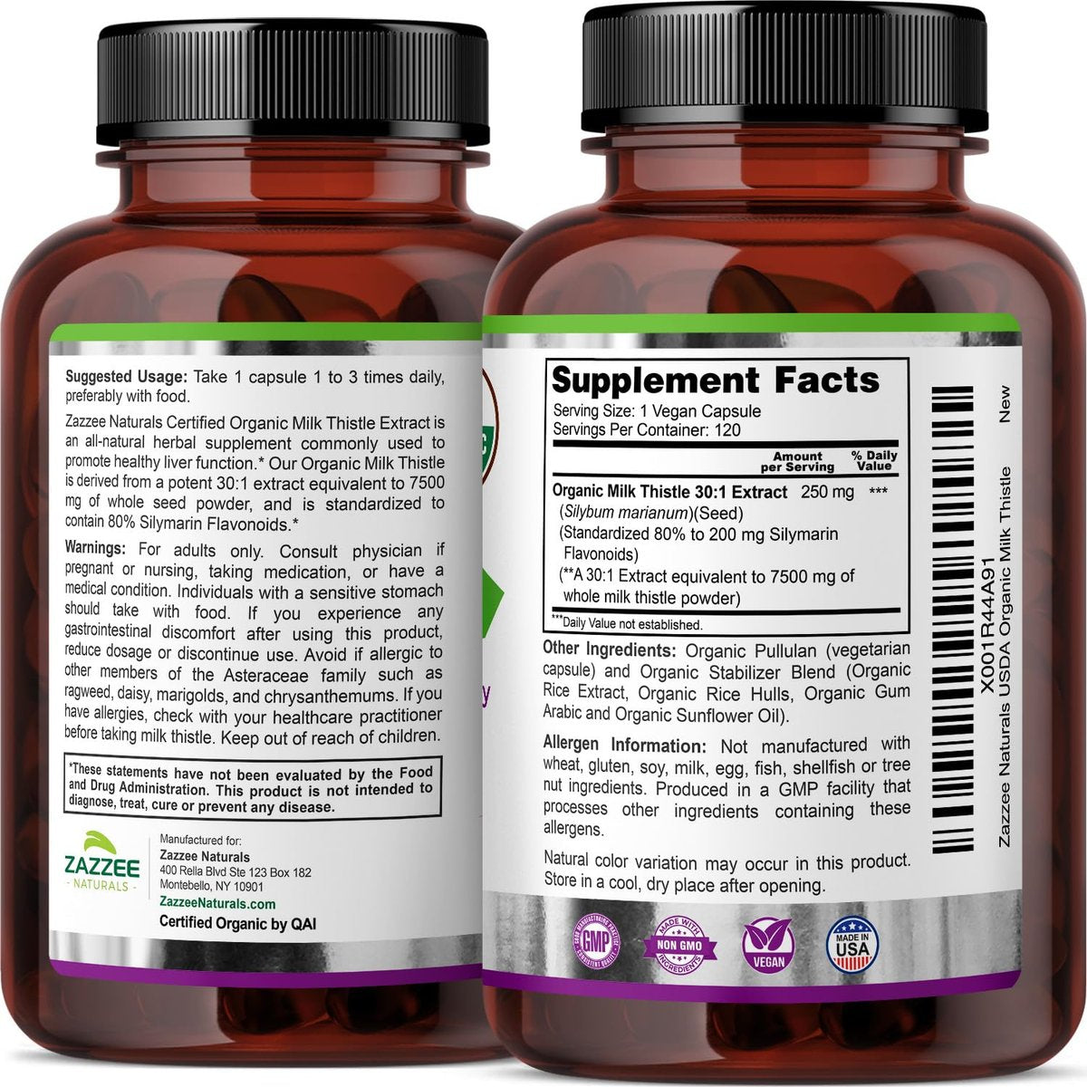 Zazzee Bio-Mariendistel 30:1 Extrakt, 80% Silymarin, 120 vegane Kapseln, 4-Monats-Vorrat, zertifiziert koscher, hochwirksame Leber- & Antioxidans-Unterstützung, Silybum Marianum, Non-GMO, hergestellt in den USA