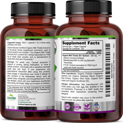 Zazzee Bio-Mariendistel 30:1 Extrakt, 80% Silymarin, 120 vegane Kapseln, 4-Monats-Vorrat, zertifiziert koscher, hochwirksame Leber- & Antioxidans-Unterstützung, Silybum Marianum, Non-GMO, hergestellt in den USA