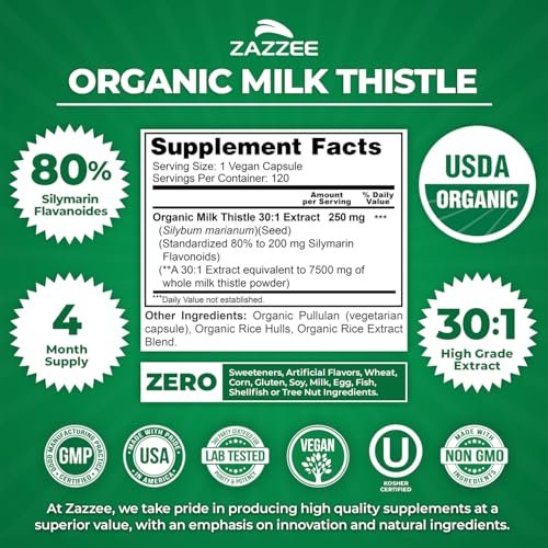 Zazzee Bio-Mariendistel 30:1 Extrakt, 80% Silymarin, 120 vegane Kapseln, 4-Monats-Vorrat, zertifiziert koscher, hochwirksame Leber- & Antioxidans-Unterstützung, Silybum Marianum, Non-GMO, hergestellt in den USA