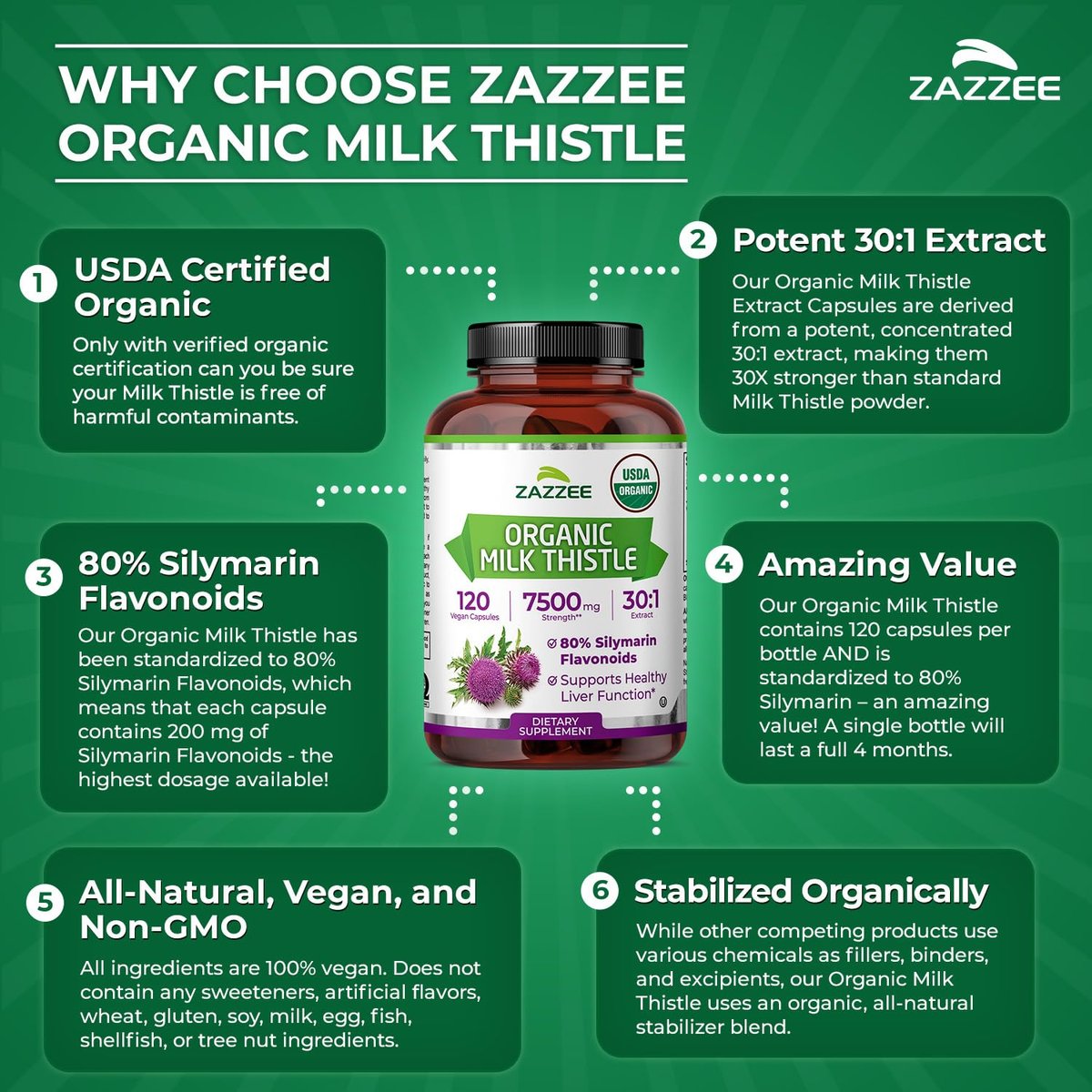 Zazzee Bio-Mariendistel 30:1 Extrakt, 80% Silymarin, 120 vegane Kapseln, 4-Monats-Vorrat, zertifiziert koscher, hochwirksame Leber- & Antioxidans-Unterstützung, Silybum Marianum, Non-GMO, hergestellt in den USA