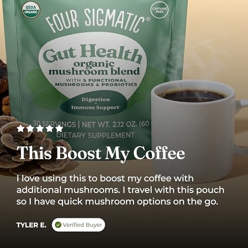 Four Sigmatic Bio-Pilz-Mischung für die Darmgesundheit | Organischer Pilzpulver-Komplex mit Truthahnschwanz, Löwenmähne, Cordyceps, Chaga, Probiotika und mehr | Natürliches Immununterstützungs-Supplement | 30 Portionen