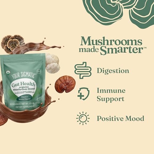 Four Sigmatic Bio-Pilz-Mischung für die Darmgesundheit | Organischer Pilzpulver-Komplex mit Truthahnschwanz, Löwenmähne, Cordyceps, Chaga, Probiotika und mehr | Natürliches Immununterstützungs-Supplement | 30 Portionen