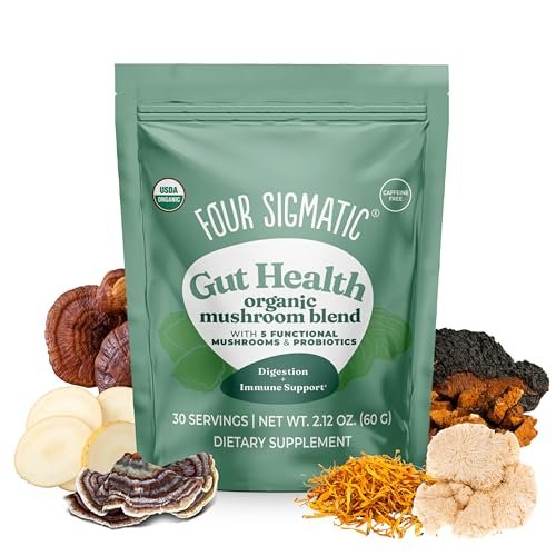 Four Sigmatic Bio-Pilz-Mischung für die Darmgesundheit | Organischer Pilzpulver-Komplex mit Truthahnschwanz, Löwenmähne, Cordyceps, Chaga, Probiotika und mehr | Natürliches Immununterstützungs-Supplement | 30 Portionen