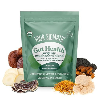 Four Sigmatic Bio-Pilz-Mischung für die Darmgesundheit | Organischer Pilzpulver-Komplex mit Truthahnschwanz, Löwenmähne, Cordyceps, Chaga, Probiotika und mehr | Natürliches Immununterstützungs-Supplement | 30 Portionen