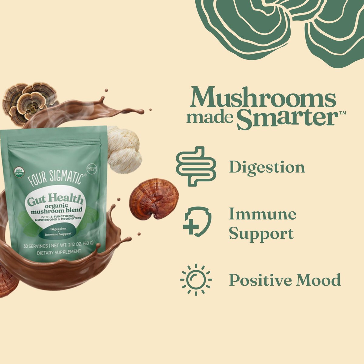 Four Sigmatic Bio-Pilz-Mischung für die Darmgesundheit | Organischer Pilzpulver-Komplex mit Truthahnschwanz, Löwenmähne, Cordyceps, Chaga, Probiotika und mehr | Natürliches Immununterstützungs-Supplement | 30 Portionen