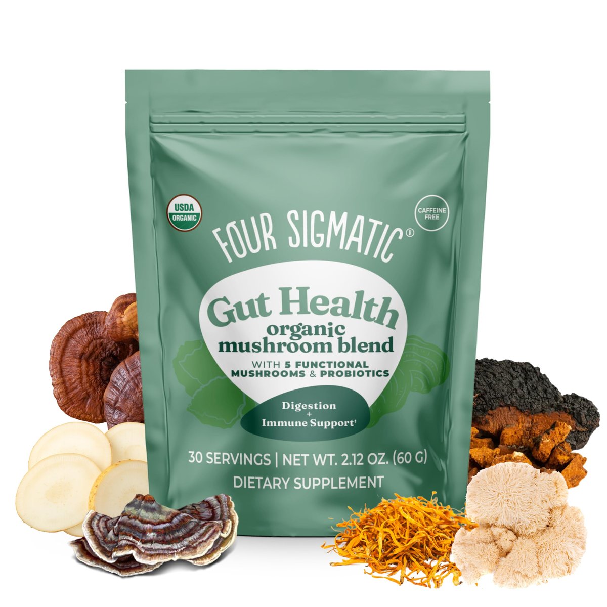 Four Sigmatic Bio-Pilz-Mischung für die Darmgesundheit | Organischer Pilzpulver-Komplex mit Truthahnschwanz, Löwenmähne, Cordyceps, Chaga, Probiotika und mehr | Natürliches Immununterstützungs-Supplement | 30 Portionen