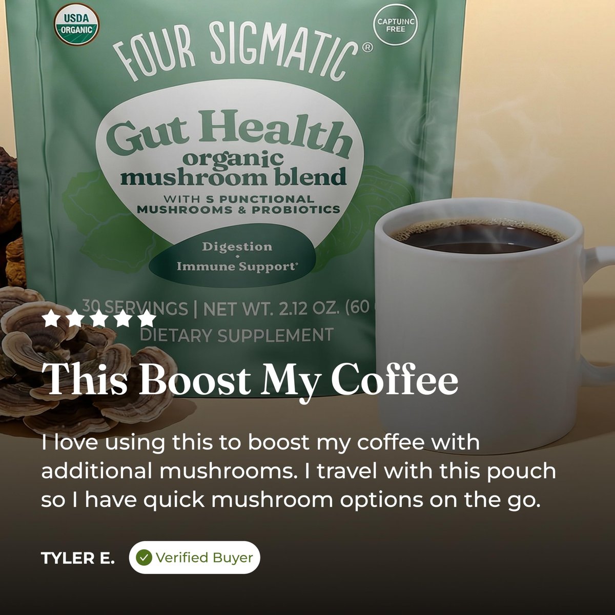 Four Sigmatic Bio-Pilz-Mischung für die Darmgesundheit | Organischer Pilzpulver-Komplex mit Truthahnschwanz, Löwenmähne, Cordyceps, Chaga, Probiotika und mehr | Natürliches Immununterstützungs-Supplement | 30 Portionen