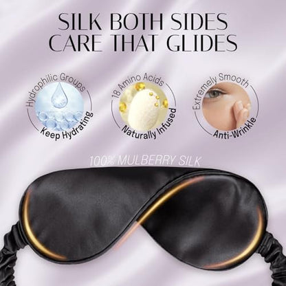 OLESILK Seiden Schlafmaske für Damen und Herren – Doppellagige Seidenfüllung, verstellbares elastisches Band, inklusive Aufbewahrungstasche und Ohrstöpsel – Ideal für Reisen, Nickerchen und erholsamen Schlaf (Schwarz)