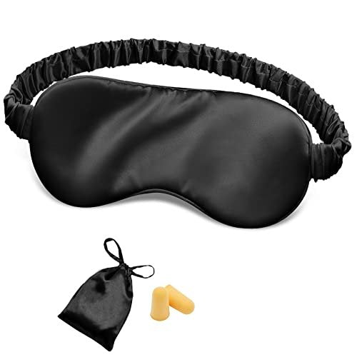 OLESILK Seiden Schlafmaske für Damen und Herren – Doppellagige Seidenfüllung, verstellbares elastisches Band, inklusive Aufbewahrungstasche und Ohrstöpsel – Ideal für Reisen, Nickerchen und erholsamen Schlaf (Schwarz)