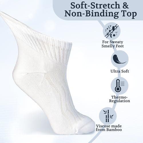 +MD Bambus-Viskose Knöchel-Diabetikersocken für Damen und Herren, 6 Paar, weich gepolstert, nicht einschnürendes lockeres Bündchen, extra weit 10-13 Weiß