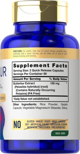 Carlyle Butterbur Supplement 150 mg | 180 Kapseln | PA-freier Wurzelextrakt | Petasites Hybridus | Non-GMO und Glutenfrei