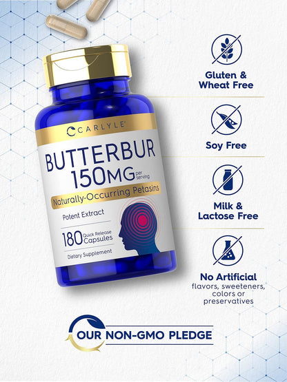 Carlyle Butterbur Supplement 150 mg | 180 Kapseln | PA-freier Wurzelextrakt | Petasites Hybridus | Non-GMO und Glutenfrei