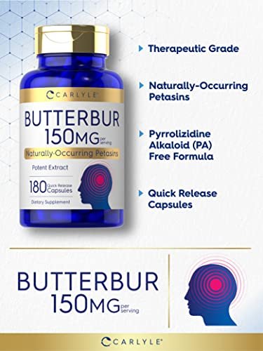 Carlyle Butterbur Supplement 150 mg | 180 Kapseln | PA-freier Wurzelextrakt | Petasites Hybridus | Non-GMO und Glutenfrei