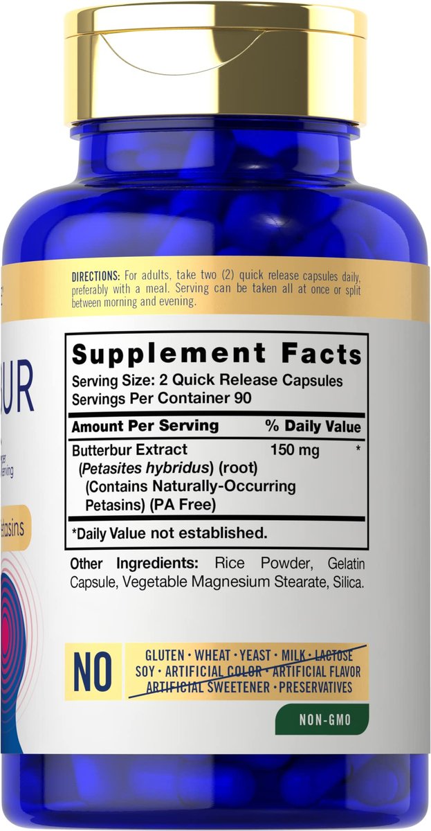 Carlyle Butterbur Supplement 150 mg | 180 Kapseln | PA-freier Wurzelextrakt | Petasites Hybridus | Non-GMO und Glutenfrei