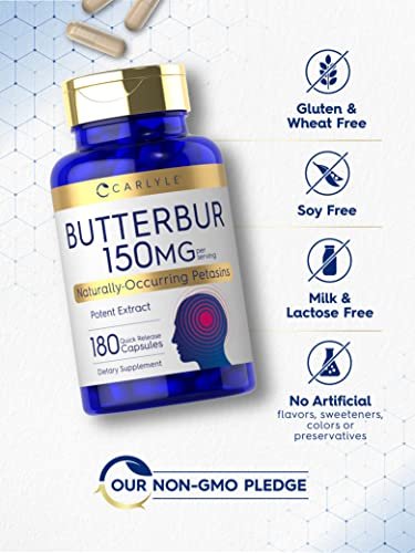 Carlyle Butterbur Supplement 150 mg | 180 Kapseln | PA-freier Wurzelextrakt | Petasites Hybridus | Non-GMO und Glutenfrei