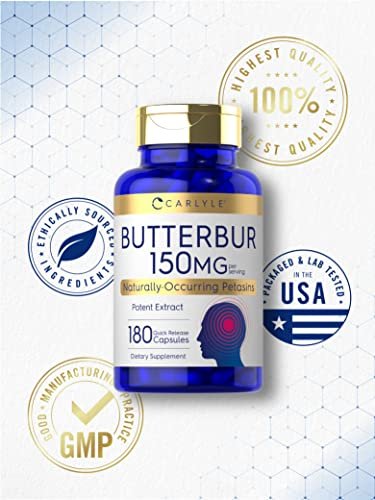 Carlyle Butterbur Supplement 150 mg | 180 Kapseln | PA-freier Wurzelextrakt | Petasites Hybridus | Non-GMO und Glutenfrei