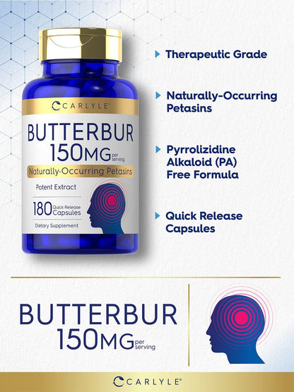 Carlyle Butterbur Supplement 150 mg | 180 Kapseln | PA-freier Wurzelextrakt | Petasites Hybridus | Non-GMO und Glutenfrei