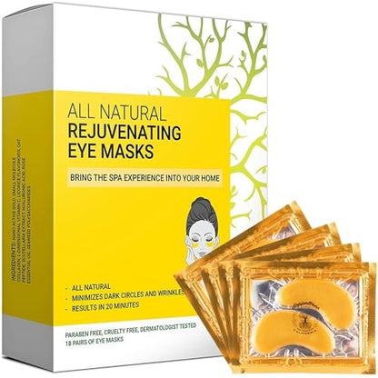 24K Gold Unteraugenpflaster & Masken (18 Paare) – Natürliche Anti-Aging Behandlung gegen Tränensäcke, Schwellungen, Falten & dunkle Ringe – mit Kollagen, Hyaluronsäure, Hydrogel – Hergestellt in San Francisco
