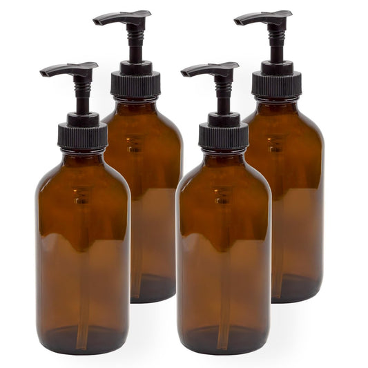 Cornucopia Brands 8oz Glasflaschen mit Pumpe (4er-Pack, Amber) Lotion- und Seifenspender mit schwarzen Kunststoffpumpen