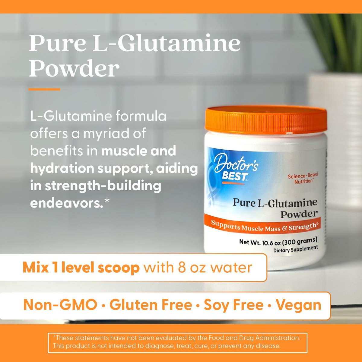 Doctor's Best Reines L-Glutamin Pulver - 5g pro Portion, Unterstützt Muskelmasse & Kraft, Nicht-GVO, Glutenfrei, Sojafrei, Vegan - 300 g