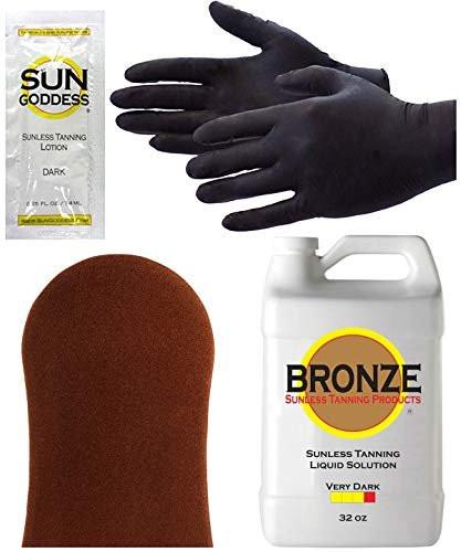 BRONZE - SEHR DUNKEL - Sprühbräunungslösung - 32 oz - Selbstbräunungsflüssigkeit für Airbrush- oder HVLP-Systeme - INKLUSIVE: Applikatorhandschuh, Anwendungshandschuhe und Probe der besten Selbstbräunungslotion-Mousse