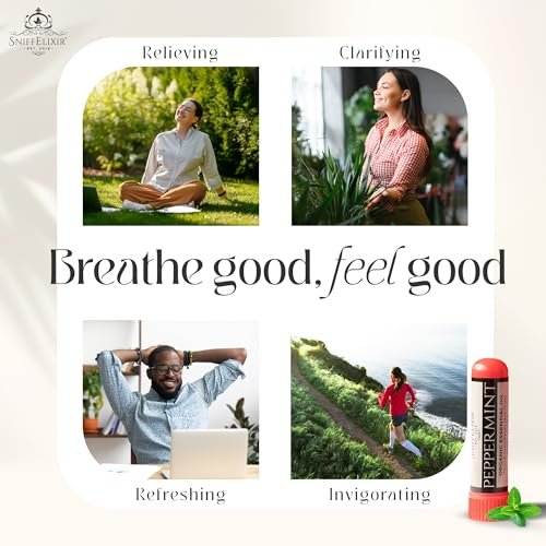 SniffElixir Pfefferminzöl Aromatherapie Nasenstift Vapor Inhaler gegen Migräne, Übelkeit & Reisekrankheit – Hergestellt in den USA mit Bio-Ölen, Spannungskopfschmerz