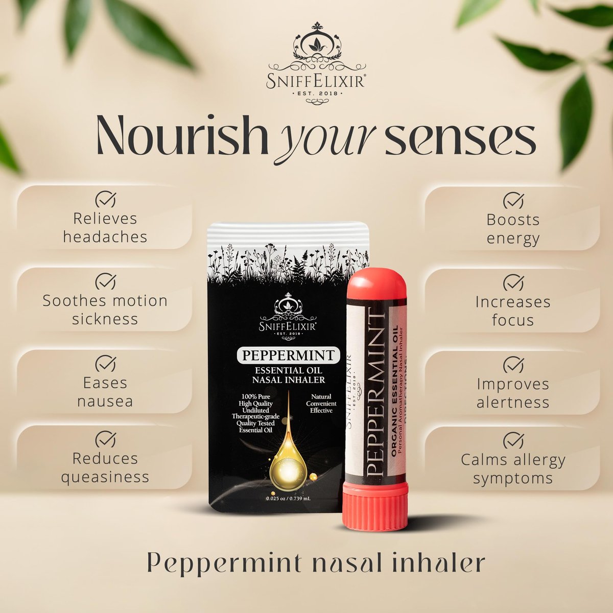 SniffElixir Pfefferminzöl Aromatherapie Nasenstift Vapor Inhaler gegen Migräne, Übelkeit & Reisekrankheit – Hergestellt in den USA mit Bio-Ölen, Spannungskopfschmerz