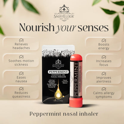 SniffElixir Pfefferminzöl Aromatherapie Nasenstift Vapor Inhaler gegen Migräne, Übelkeit & Reisekrankheit – Hergestellt in den USA mit Bio-Ölen, Spannungskopfschmerz