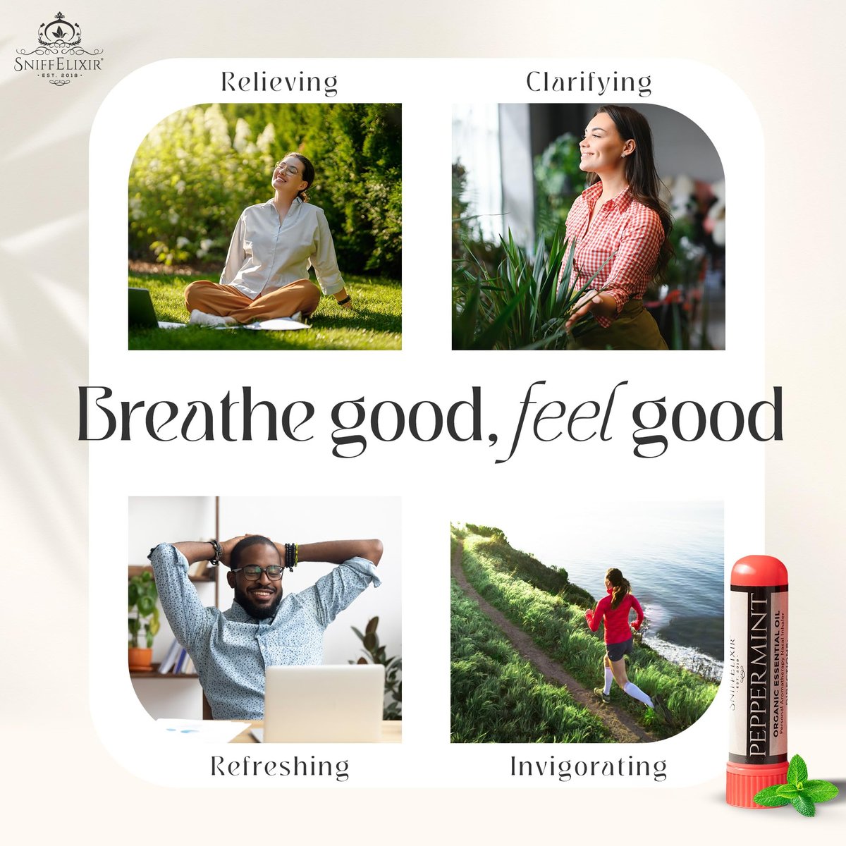 SniffElixir Pfefferminzöl Aromatherapie Nasenstift Vapor Inhaler gegen Migräne, Übelkeit & Reisekrankheit – Hergestellt in den USA mit Bio-Ölen, Spannungskopfschmerz