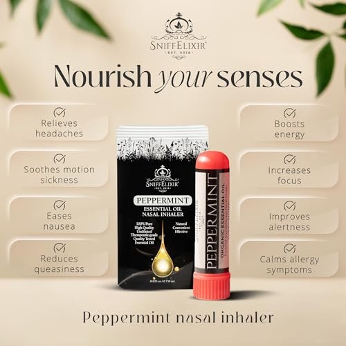 SniffElixir Pfefferminzöl Aromatherapie Nasenstift Vapor Inhaler gegen Migräne, Übelkeit & Reisekrankheit – Hergestellt in den USA mit Bio-Ölen, Spannungskopfschmerz