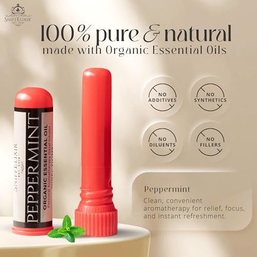 SniffElixir Pfefferminzöl Aromatherapie Nasenstift Vapor Inhaler gegen Migräne, Übelkeit & Reisekrankheit – Hergestellt in den USA mit Bio-Ölen, Spannungskopfschmerz