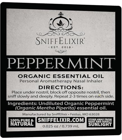SniffElixir Pfefferminzöl Aromatherapie Nasenstift Vapor Inhaler gegen Migräne, Übelkeit & Reisekrankheit – Hergestellt in den USA mit Bio-Ölen, Spannungskopfschmerz