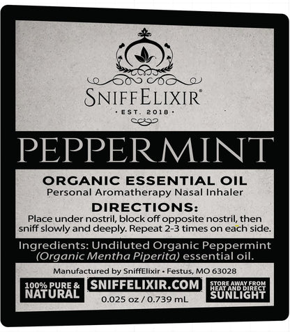 SniffElixir Pfefferminzöl Aromatherapie Nasenstift Vapor Inhaler gegen Migräne, Übelkeit & Reisekrankheit – Hergestellt in den USA mit Bio-Ölen, Spannungskopfschmerz