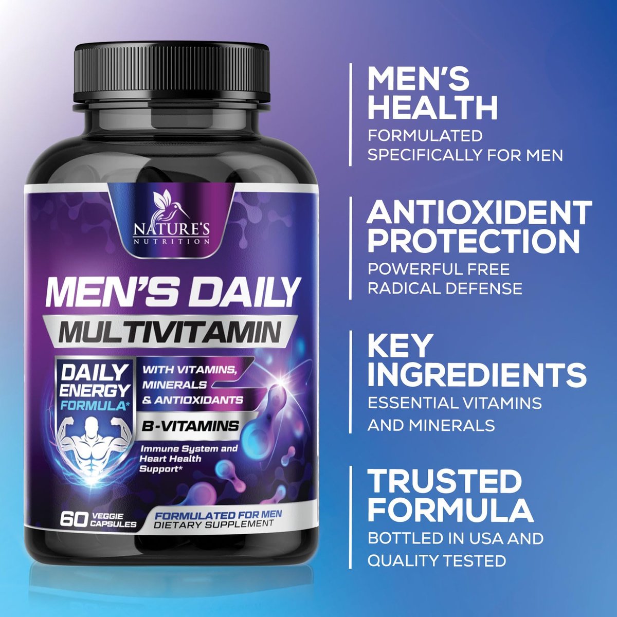 Multivitamin für Männer – Hochwertiges Nahrungsergänzungsmittel mit Vollspektrum-Formel, essentielle Vitamine A, C, D, E & Zink – Hochpotente B-Vitamine – Tägliche Multivitamine für Männer – Hergestellt in den USA – 60 Kapseln