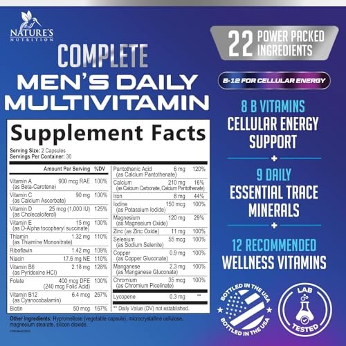 Multivitamin für Männer – Hochwertiges Nahrungsergänzungsmittel mit Vollspektrum-Formel, essentielle Vitamine A, C, D, E & Zink – Hochpotente B-Vitamine – Tägliche Multivitamine für Männer – Hergestellt in den USA – 60 Kapseln