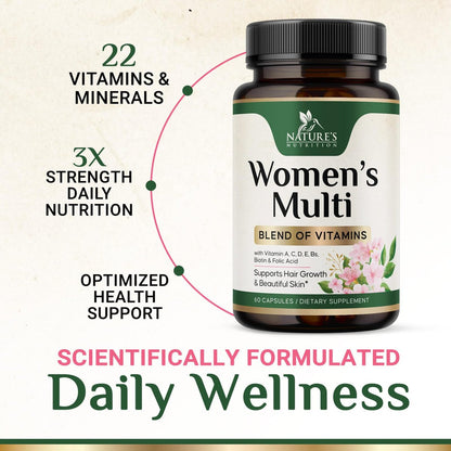 Multivitamin für Frauen – Komplettes Multi-Vitamin mit Vitamin A, C, D, E, B6, B12, Zink, Calcium & Magnesium – Tägliches Multimineral für Haar, Haut und Nägel – 60 Kapseln