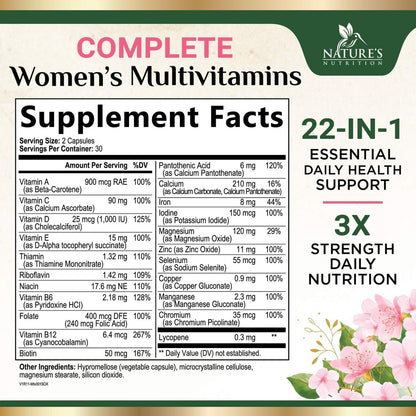 Multivitamin für Frauen – Komplettes Multi-Vitamin mit Vitamin A, C, D, E, B6, B12, Zink, Calcium & Magnesium – Tägliches Multimineral für Haar, Haut und Nägel – 60 Kapseln
