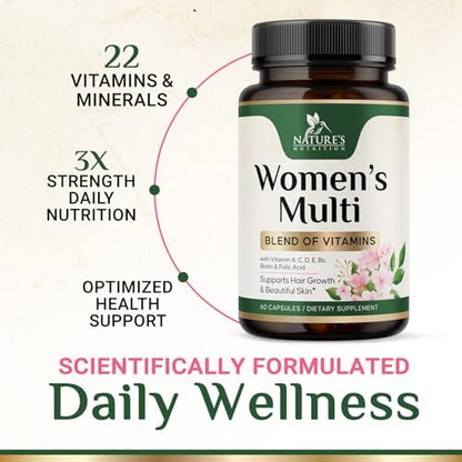 Multivitamin für Frauen – Komplettes Multi-Vitamin mit Vitamin A, C, D, E, B6, B12, Zink, Calcium & Magnesium – Tägliches Multimineral für Haar, Haut und Nägel – 60 Kapseln