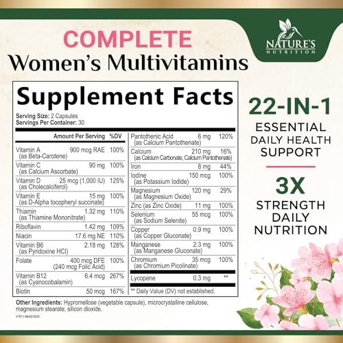 Multivitamin für Frauen – Komplettes Multi-Vitamin mit Vitamin A, C, D, E, B6, B12, Zink, Calcium & Magnesium – Tägliches Multimineral für Haar, Haut und Nägel – 60 Kapseln